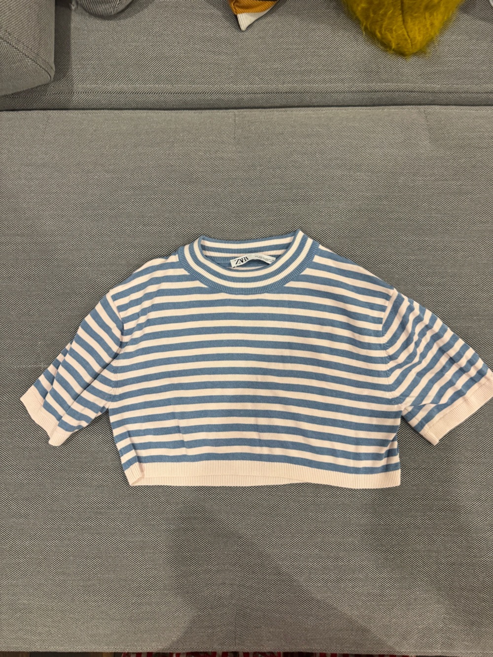 Zara women’s Light Blue & White Striped Cropped Knit Tee